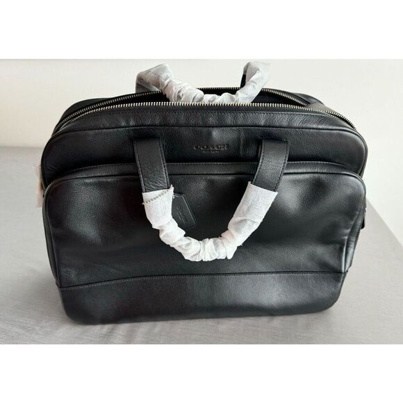 New COACH 24 hour Smooth Black Leather Laptop Briefcase - Authentic F72224 - Picture 1 of 8